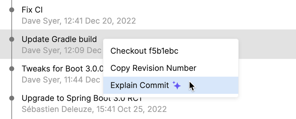 Right-clicking a commit shows a context menu where you can choose to explain the commit Right-clicking a commit shows a context menu where you can choose to explain the commit
