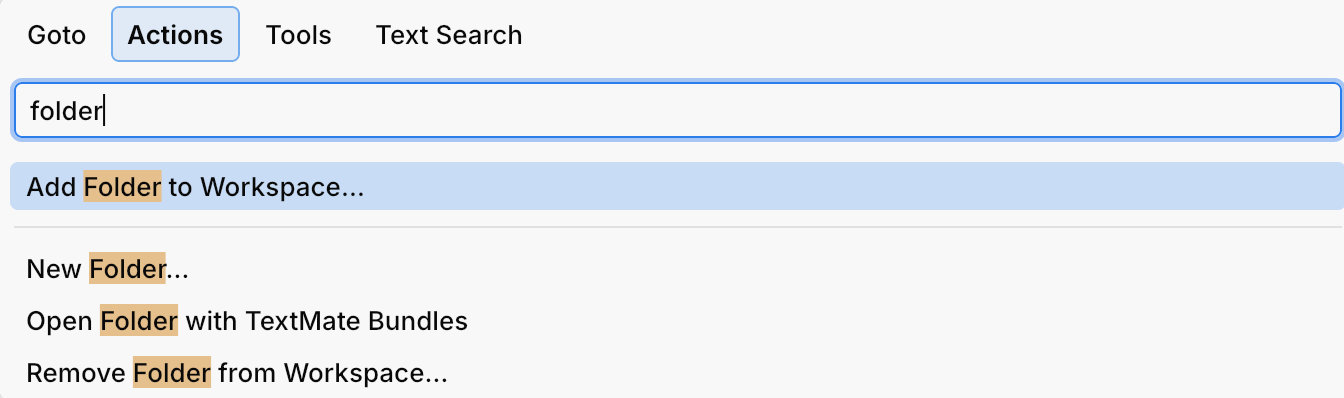 Searching for the Add Folder action using the Go to popup