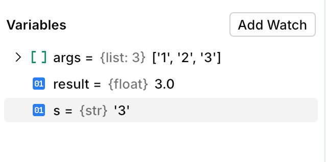 New values in the Variables panel