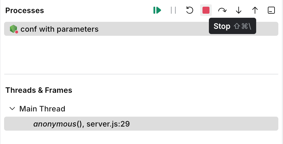Debugger session is stopped using the Stop button located in the Debug tool