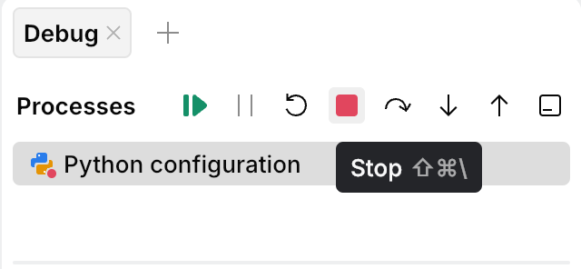 Debugger session is stopped using the Stop button located in the Debug tool