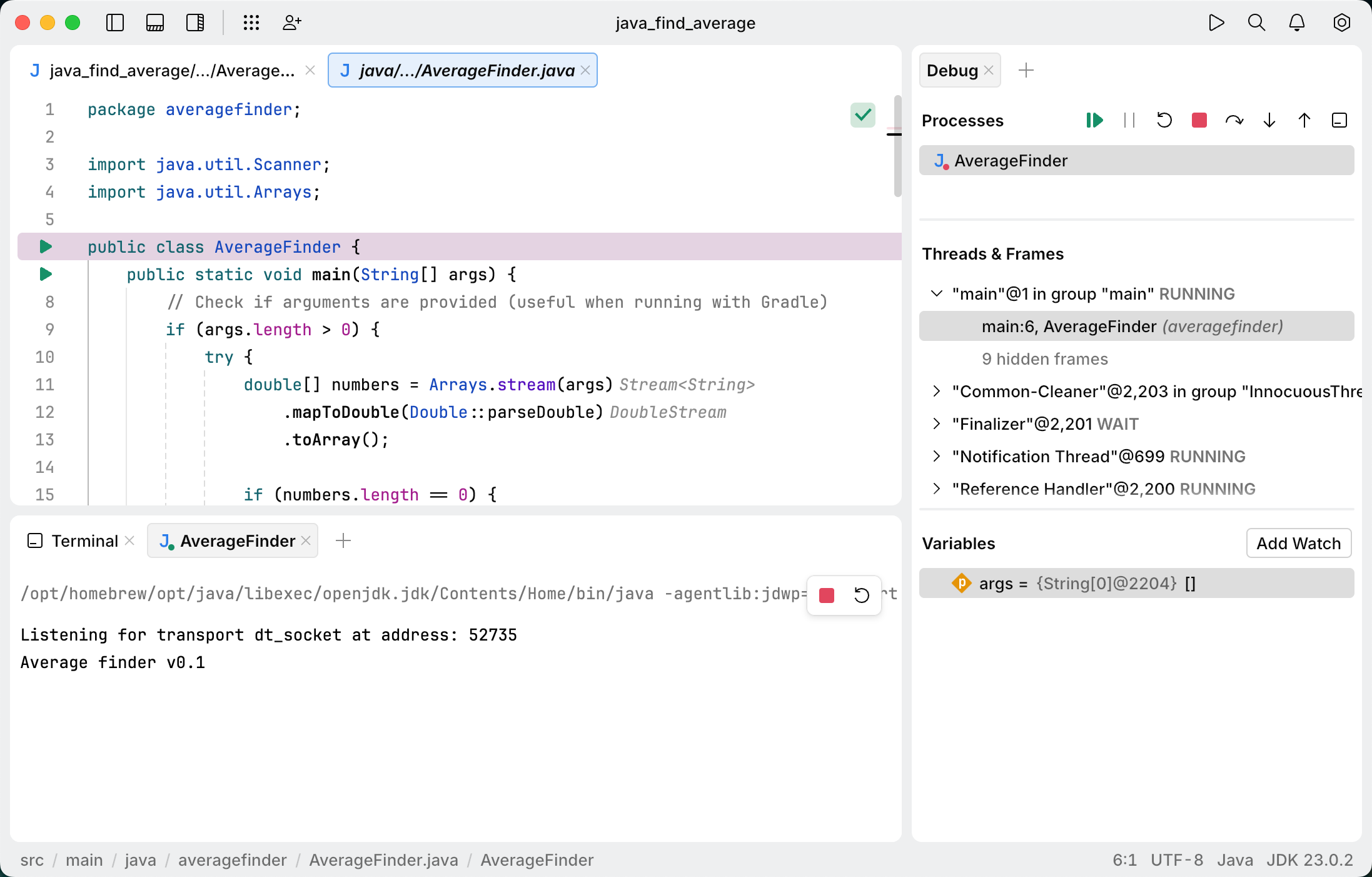 Debug tool window appears. The line with the breakpoint is highlighted