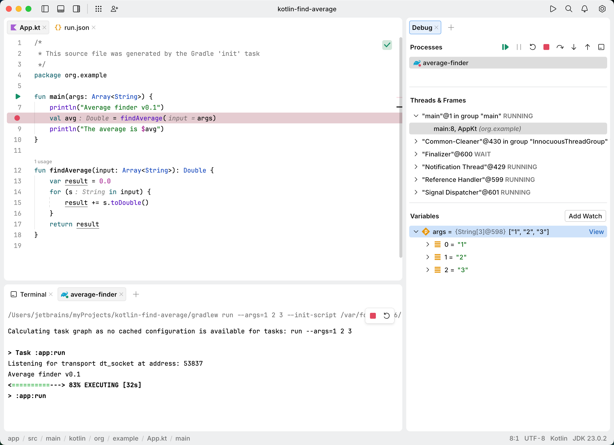 Debug tool window appears. The line with the breakpoint is highlighted