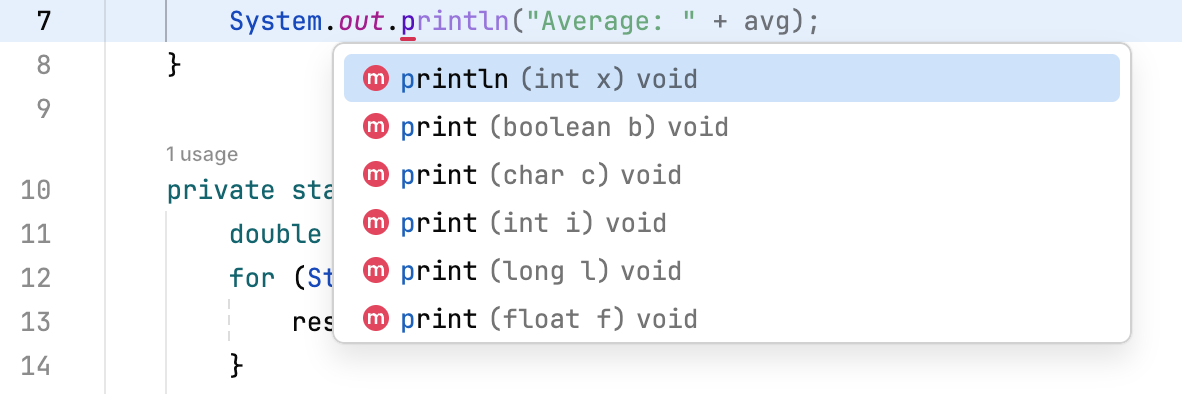Code completion popup