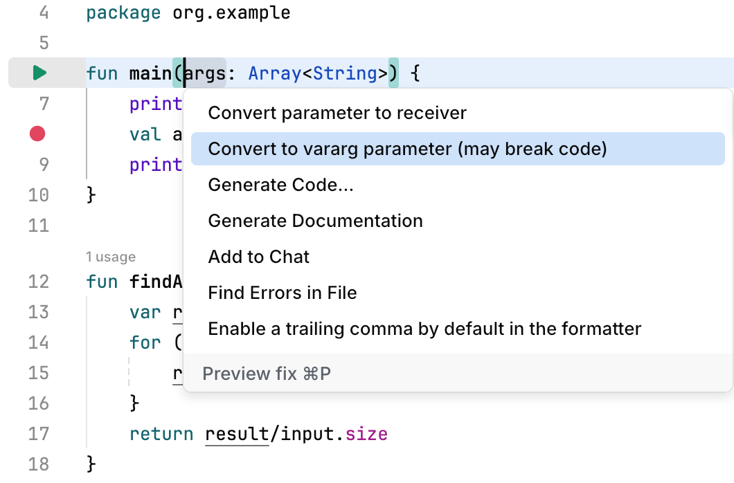 A popup with code actions