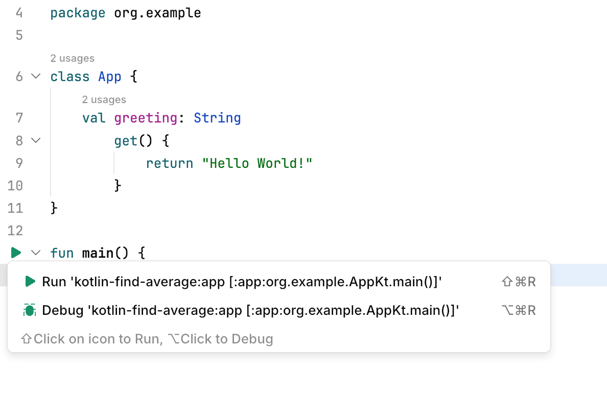 A menu appears on clicking run icons in the gutter