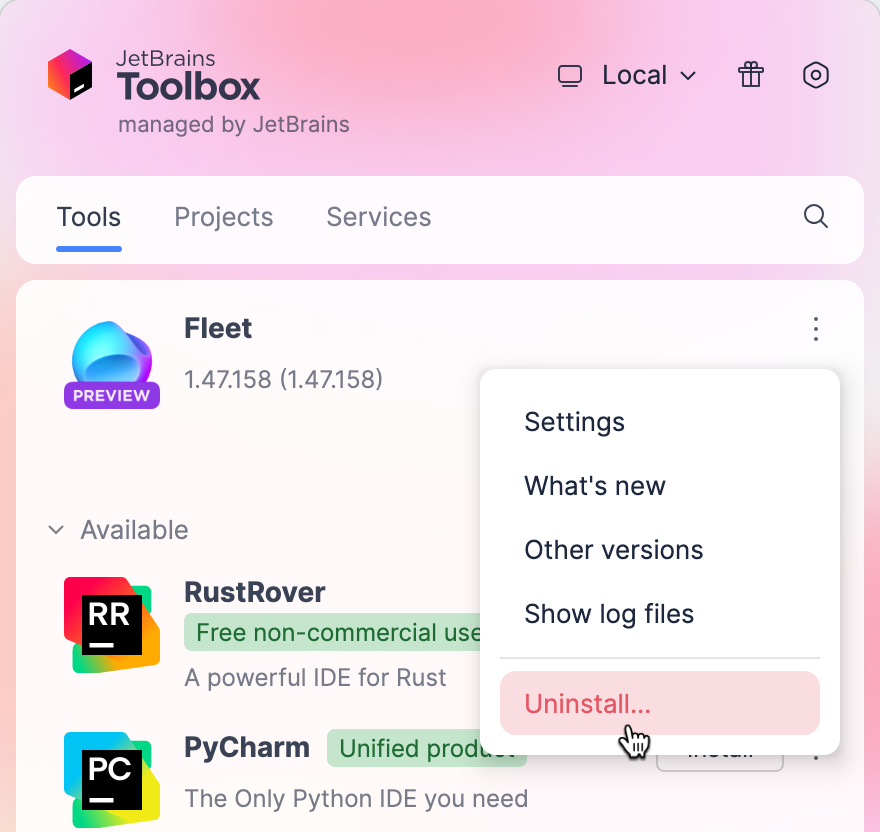 Uninstall menu item in Toolbox