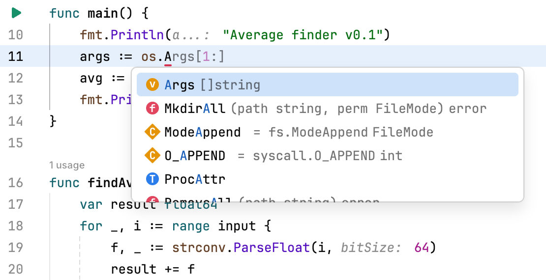 Code completion popup