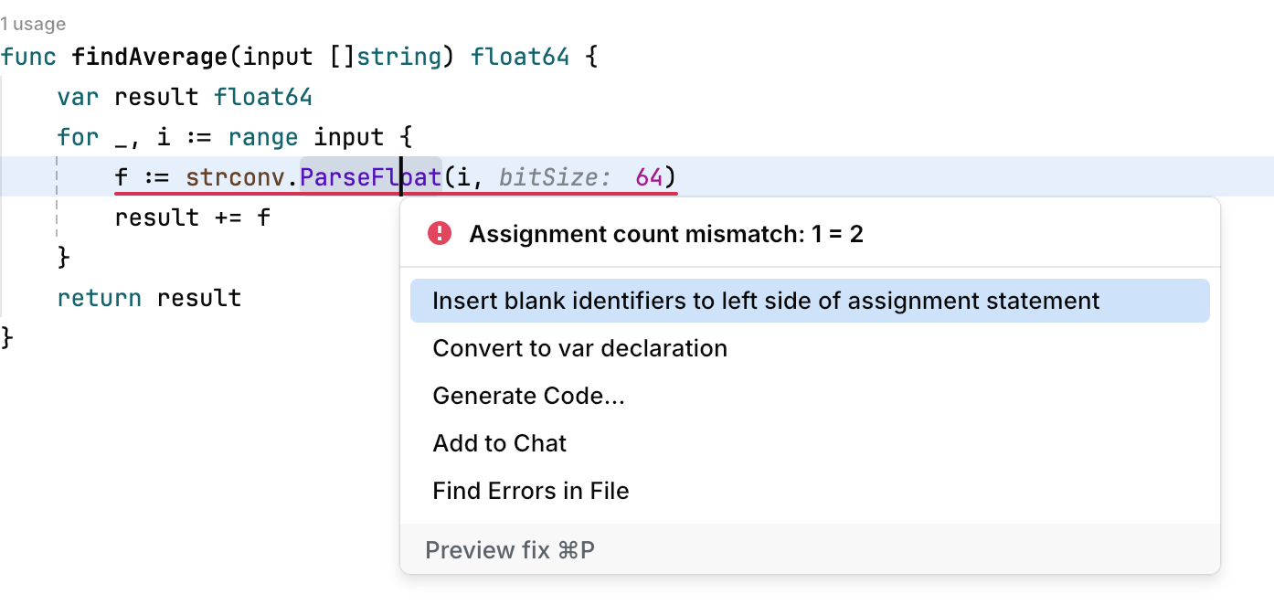 A popup with code actions