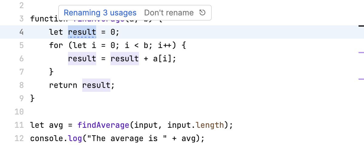 Entering the new name for the symbol at the caret Entering the new name for the symbol at the caret