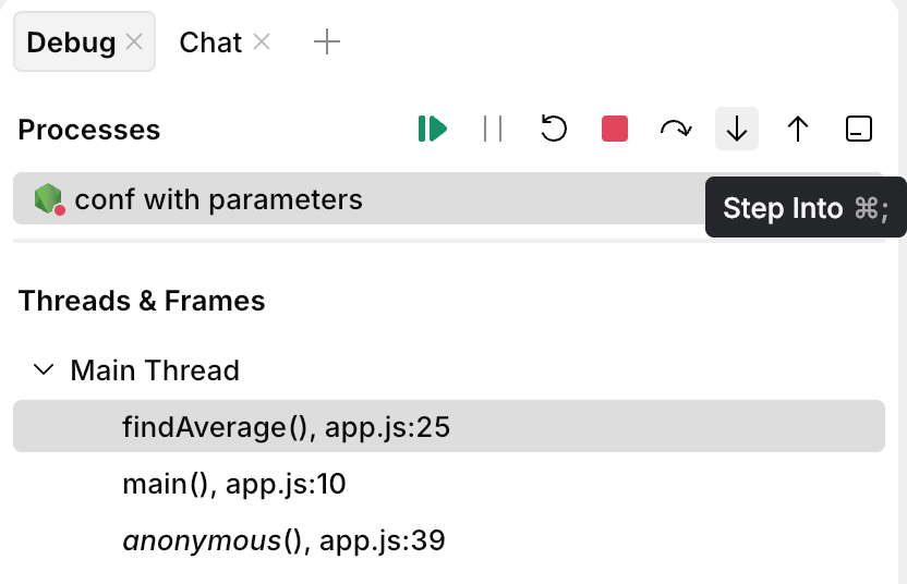 Step into button located in the top part of the Debug tool