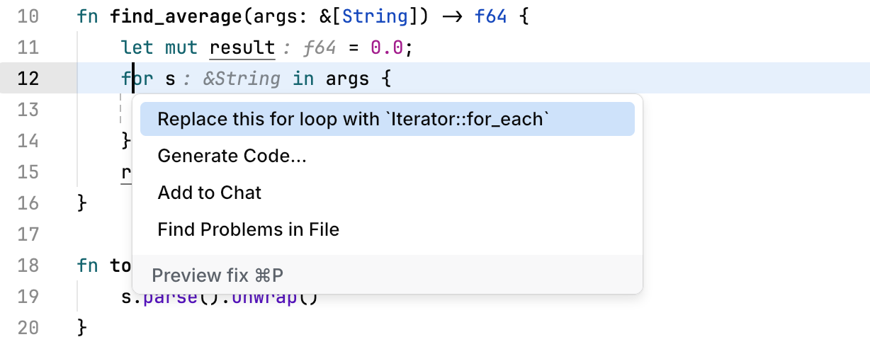 A popup with code actions