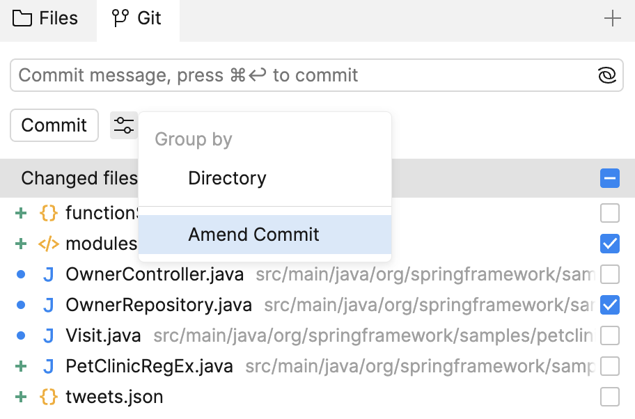 Amend Commit option in the settings menu of the Git tool Amend Commit option in the settings menu of the Git tool