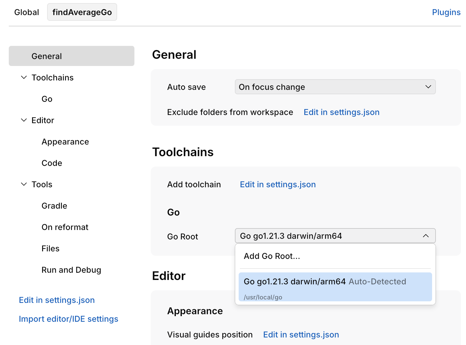 Selecting an interpreter for the workspace