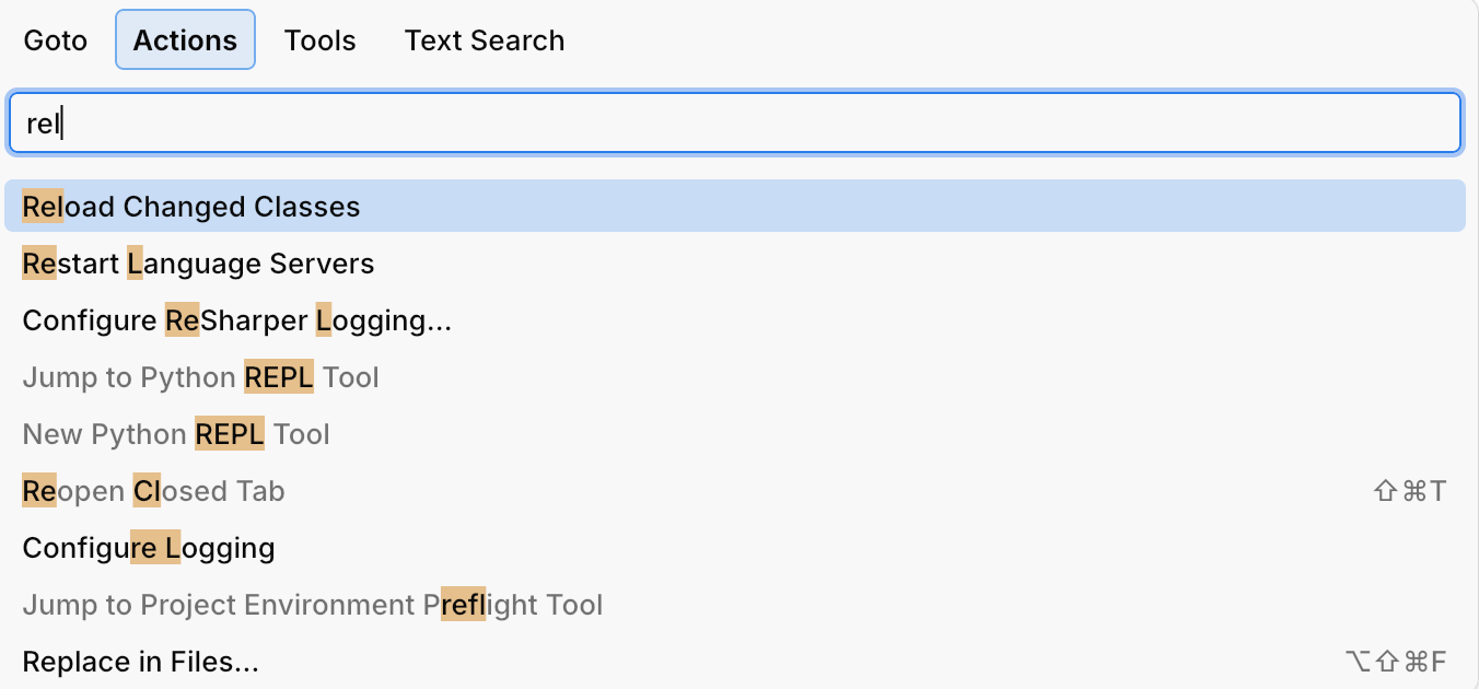 Searching for Reload Changed Classes action in the Goto popup]