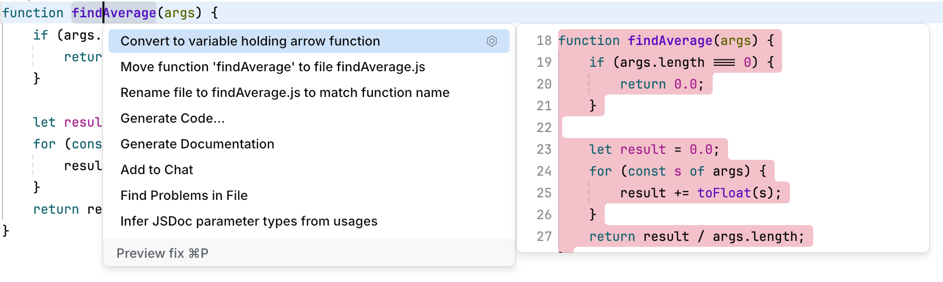 Code actions preview