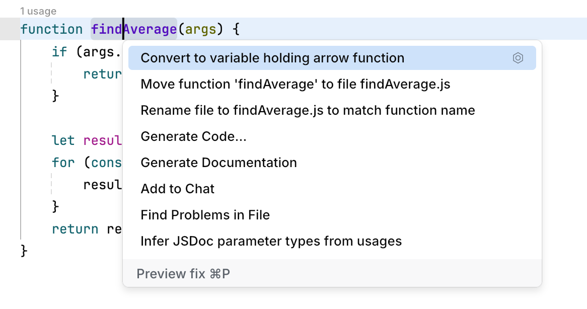 A popup with code actions