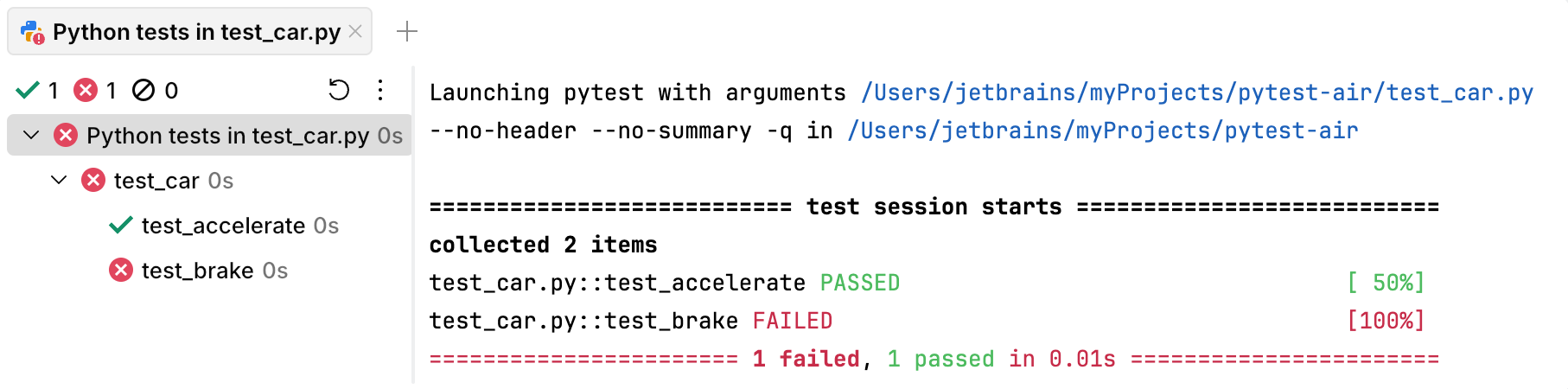 Pytest results in terminal
