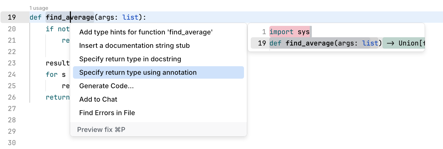 Code actions preview