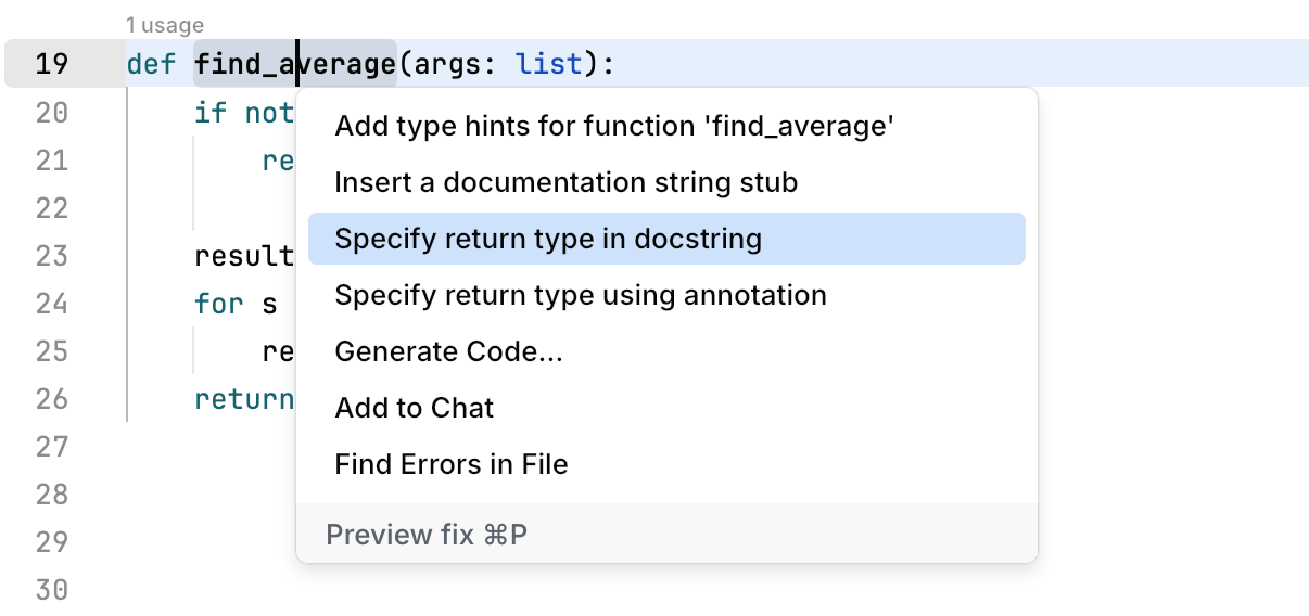 A popup with code actions