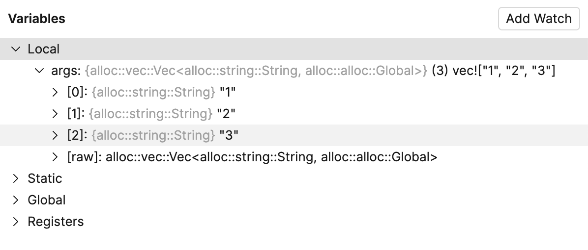 Rust variables panel
