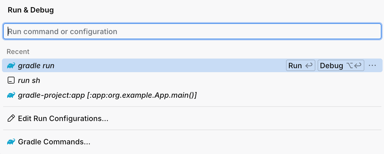 The Run and Debug popup showing available run configurations