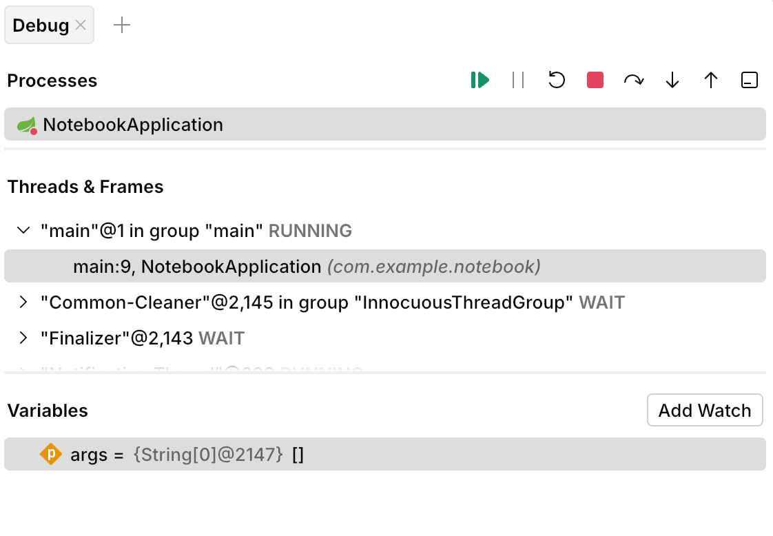 The threads are displayed in the Debug panel The threads are displayed in the Debug panel