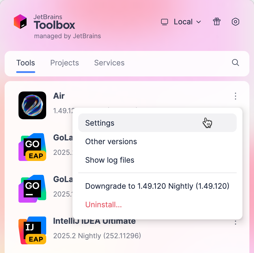 Toolbox settings menu