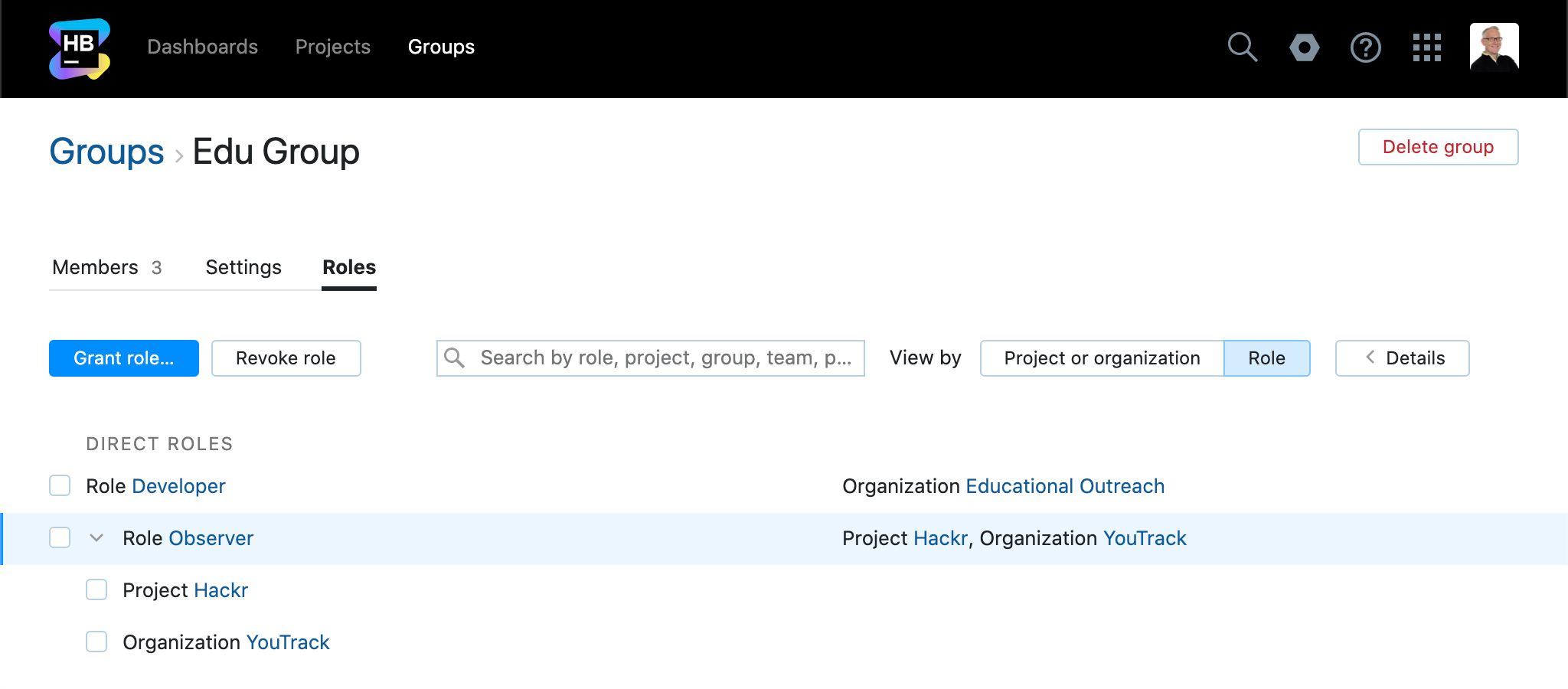 Group roles by role Group roles by role