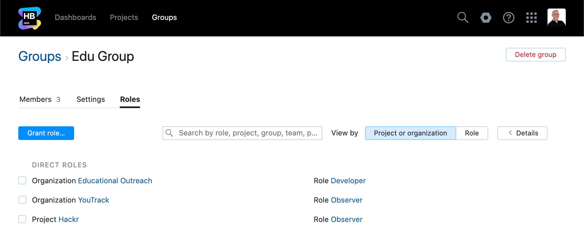 Group roles by project Group roles by project