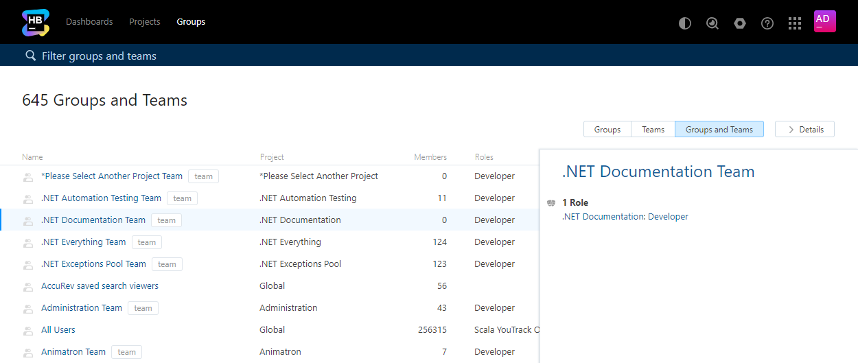 Groups and teams tab Groups and teams tab