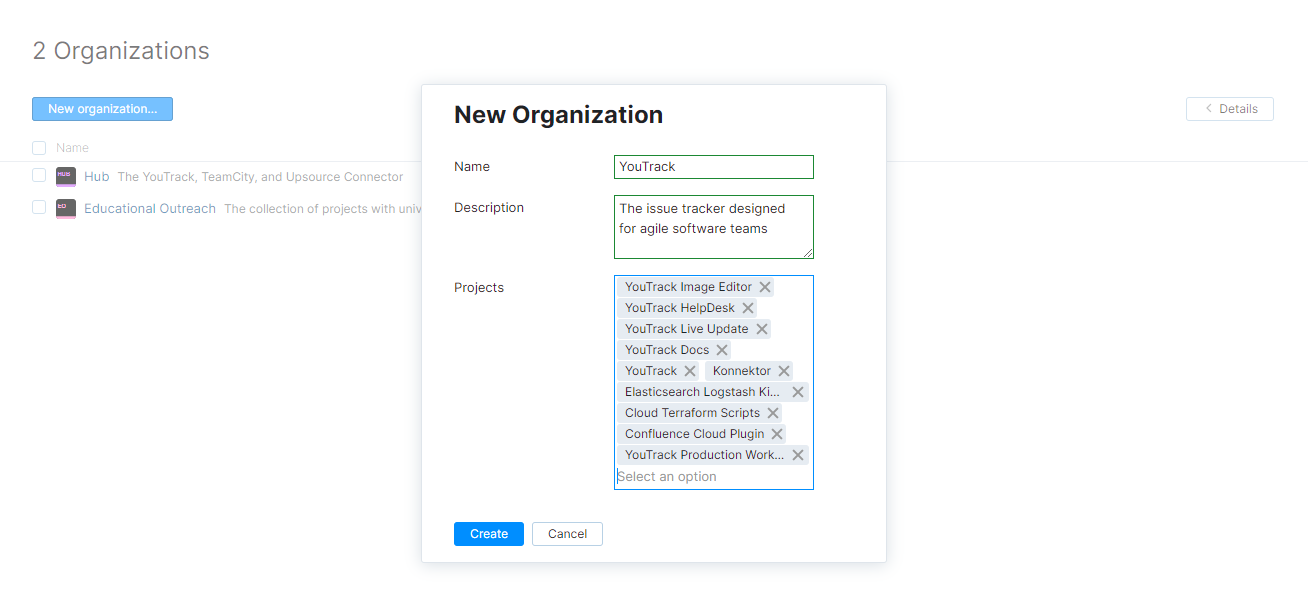 The New Organization dialog. The New Organization dialog.