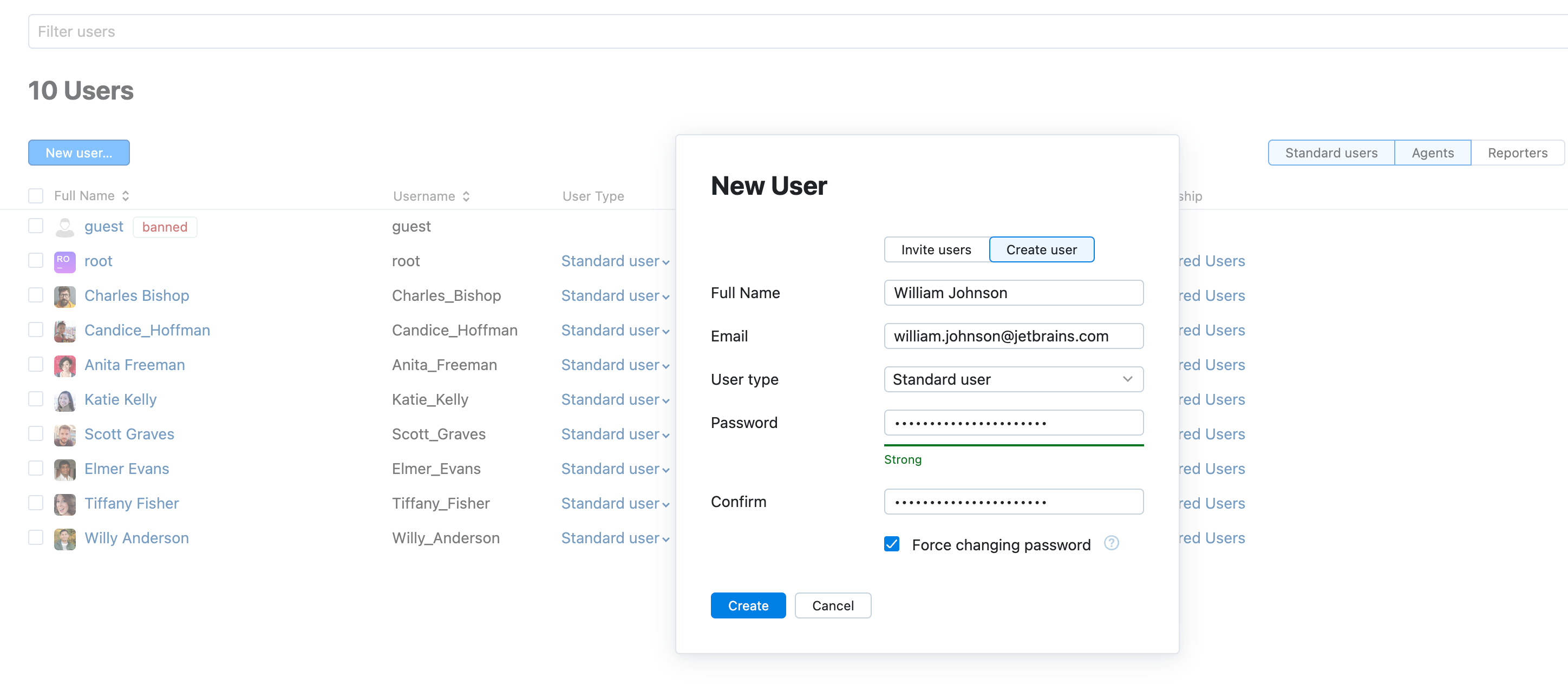 New user dialog create tab New user dialog create tab