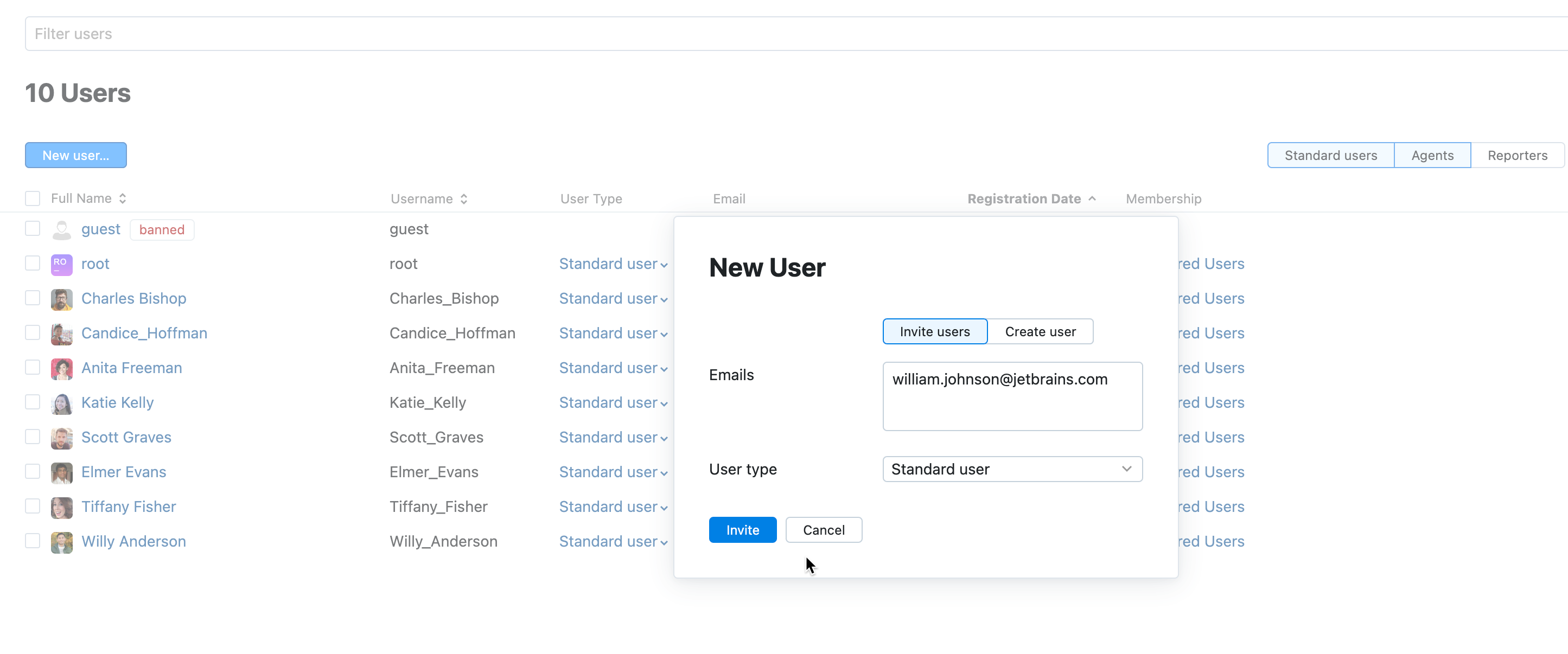 New user dialog invite tab New user dialog invite tab