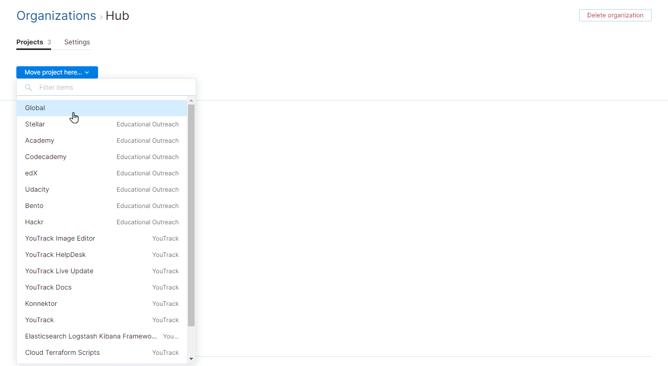 List of projects that can be added to the organization. List of projects that can be added to the organization.
