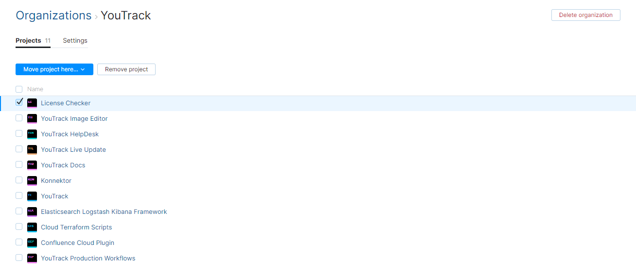 Option to remove selected projects from the current organization. Option to remove selected projects from the current organization.