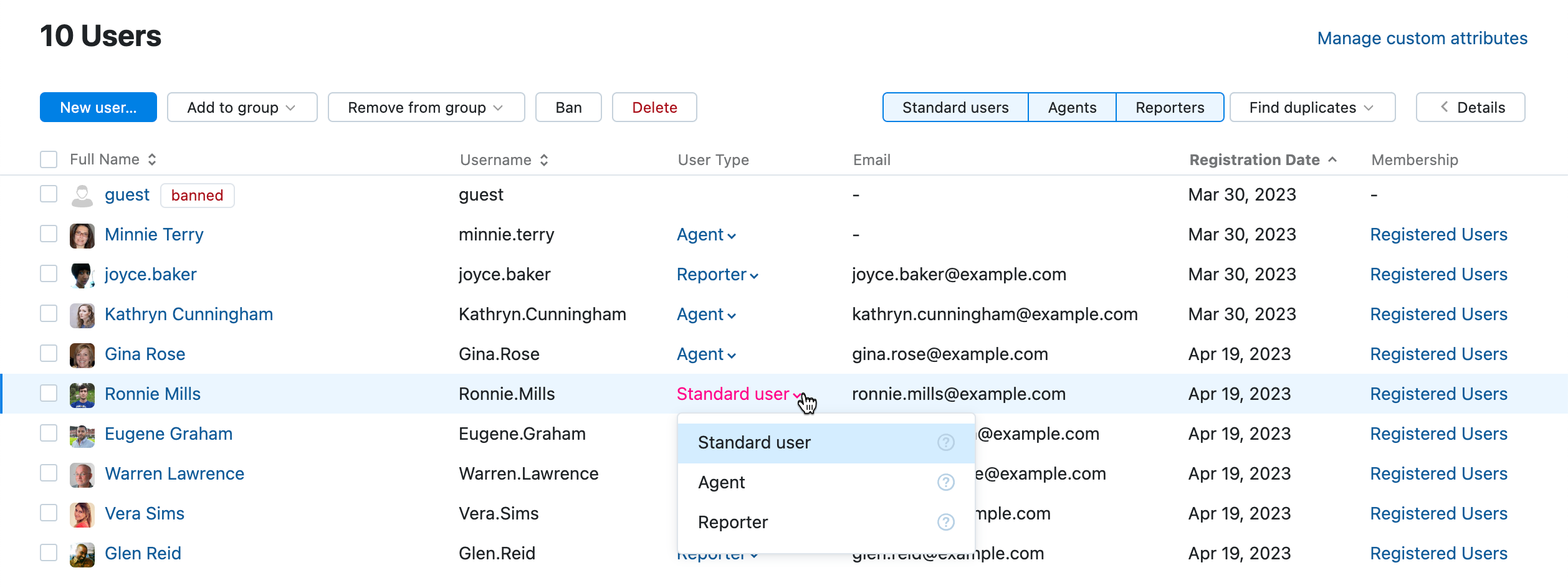 The user type options menu. The user type options menu.