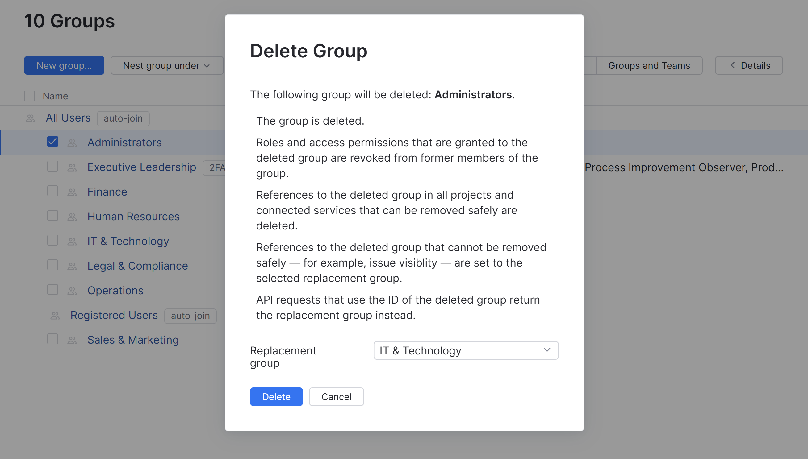 Delete group confirmation dialog Delete group confirmation dialog