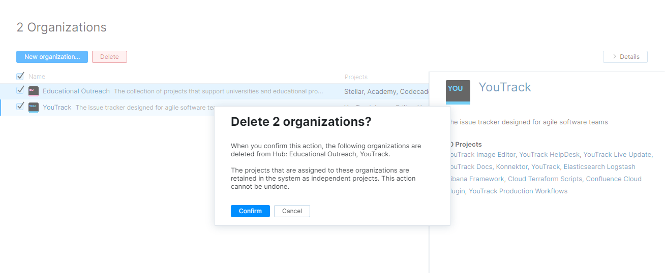 Confirmation for deleting multiple organizations. Confirmation for deleting multiple organizations.