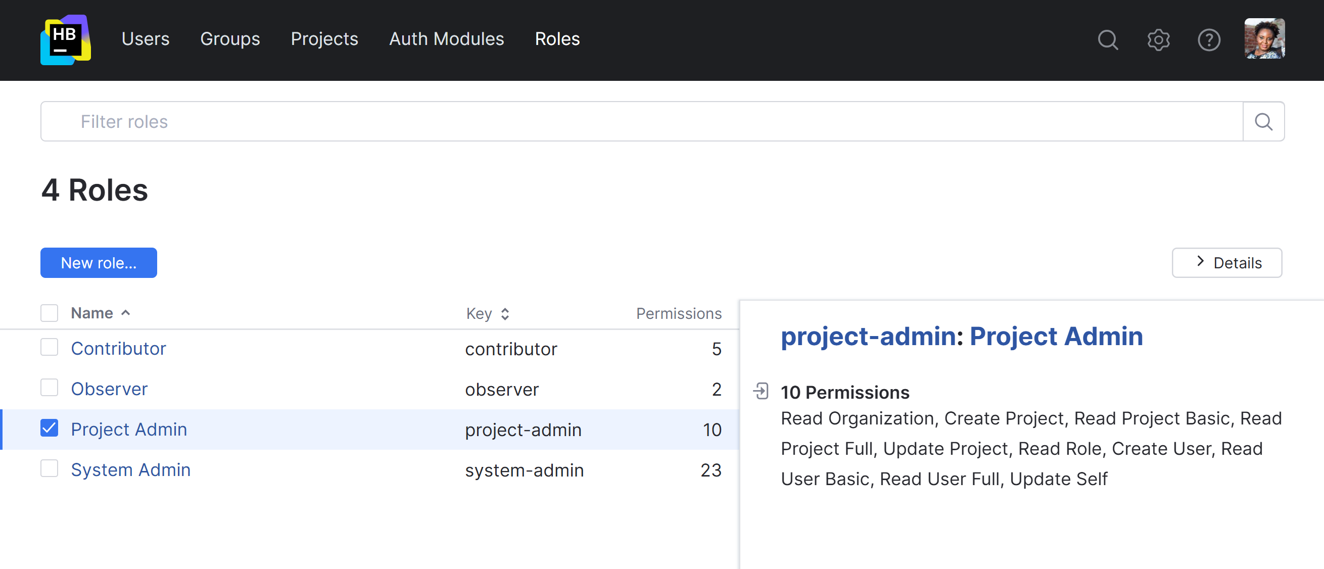 Roles list details Roles list details