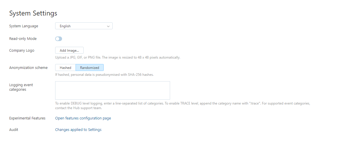 Hub system settings Hub system settings