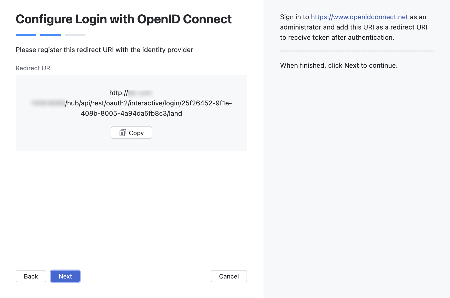 Wizard step. Copy the redirect URI
