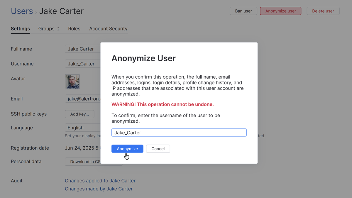 Anonymize user confirmation dialog. Anonymize user confirmation dialog.