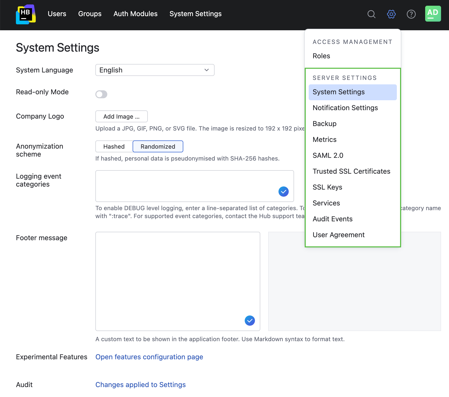 The Server Settings section of the Administration menu in Hub. The Server Settings section of the Administration menu in Hub.