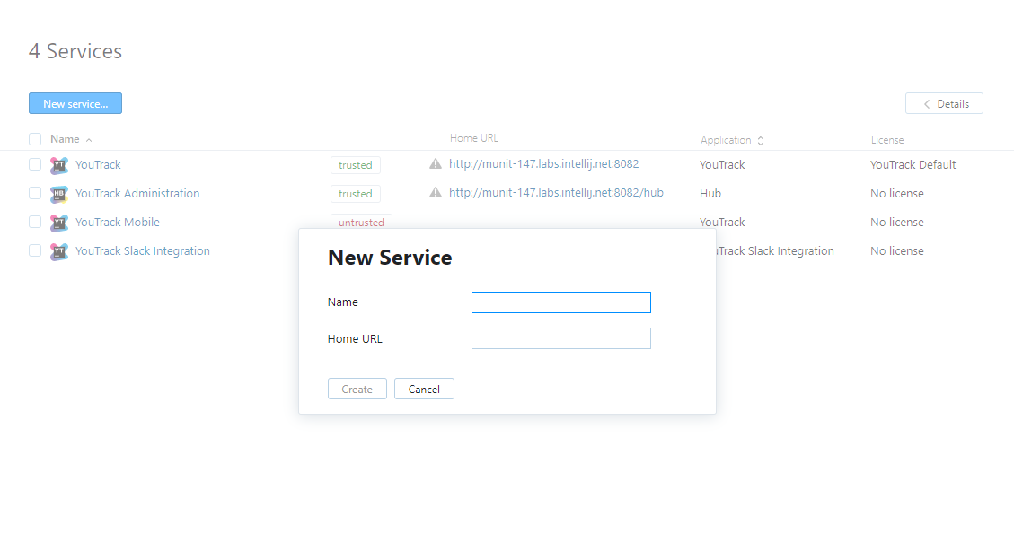 a dialog for adding a new service to Hub a dialog for adding a new service to Hub