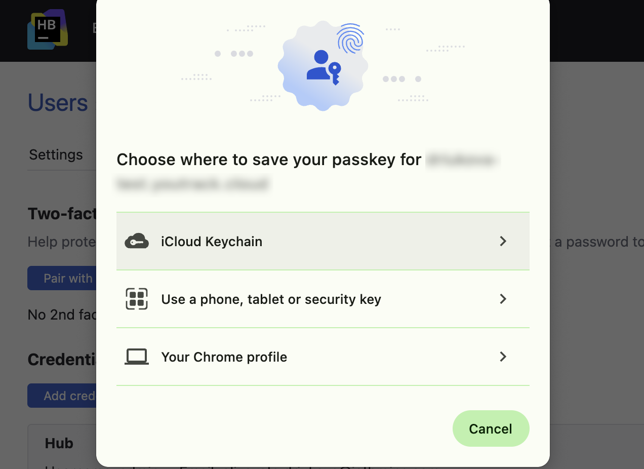 Chrome dialog for pairing with a hardware device that supports Touch ID.