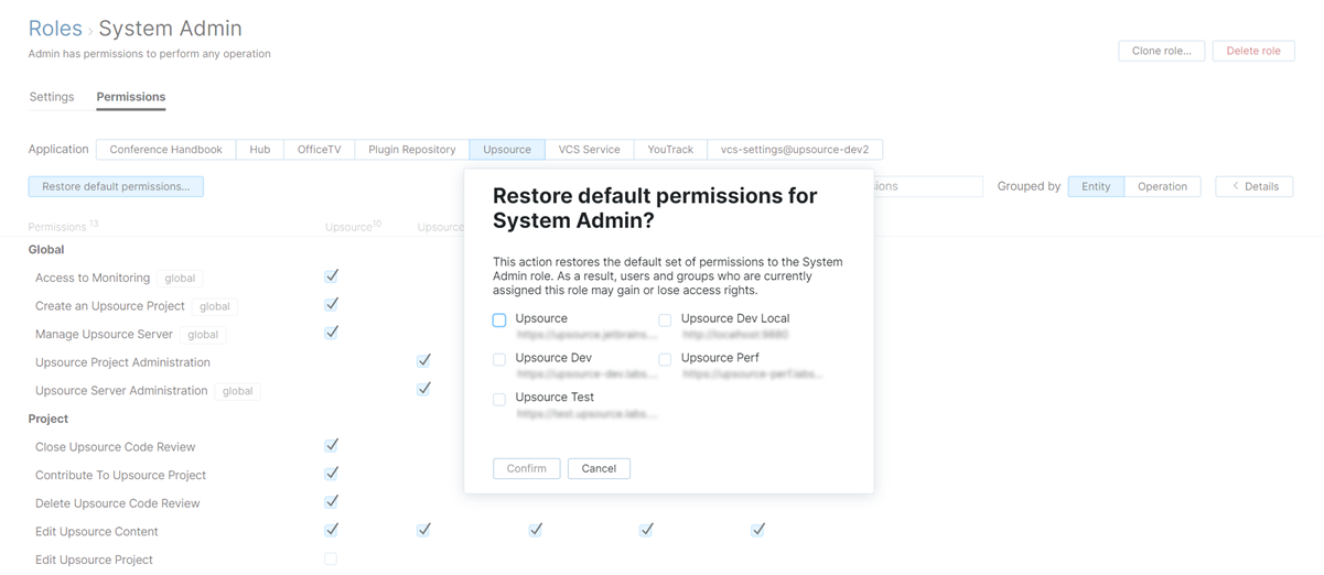 Restore default permissions dialog. Restore default permissions dialog.