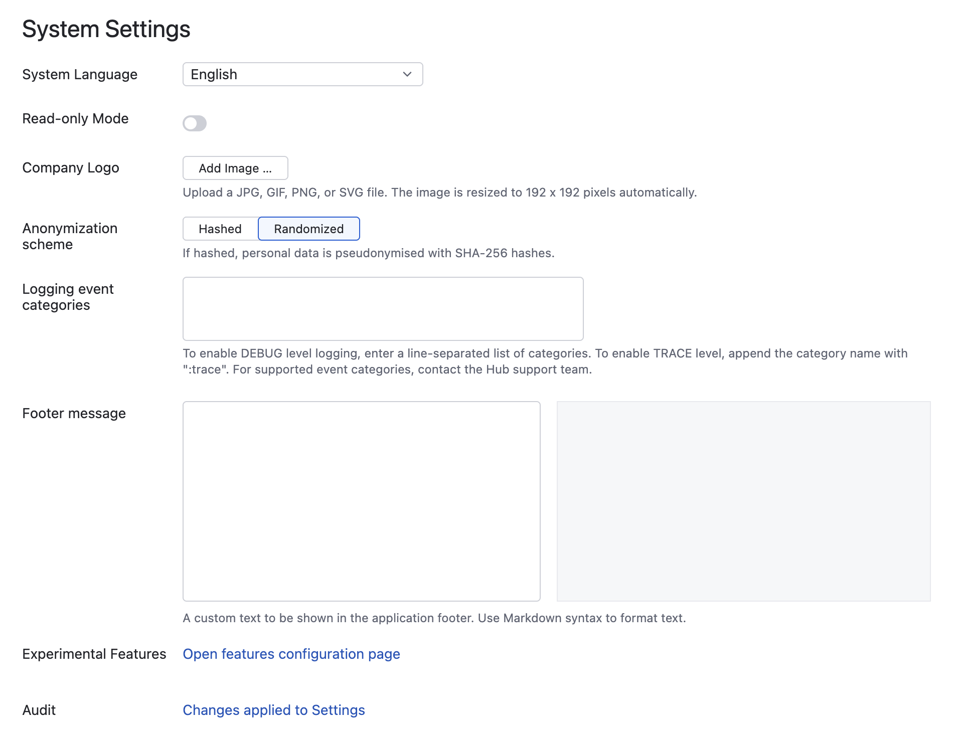 Hub system settings Hub system settings
