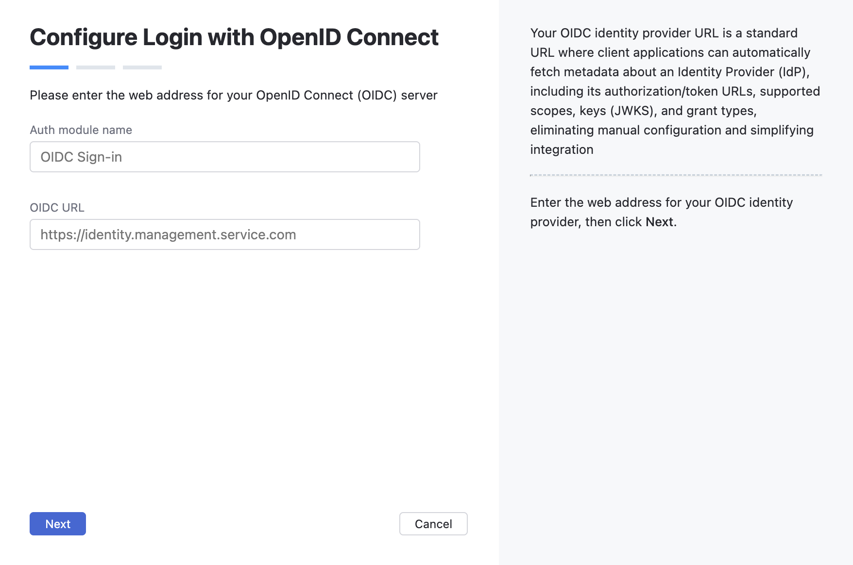 Wizard step for Auth module name and OIDC URL. Wizard step for Auth module name and OIDC URL.