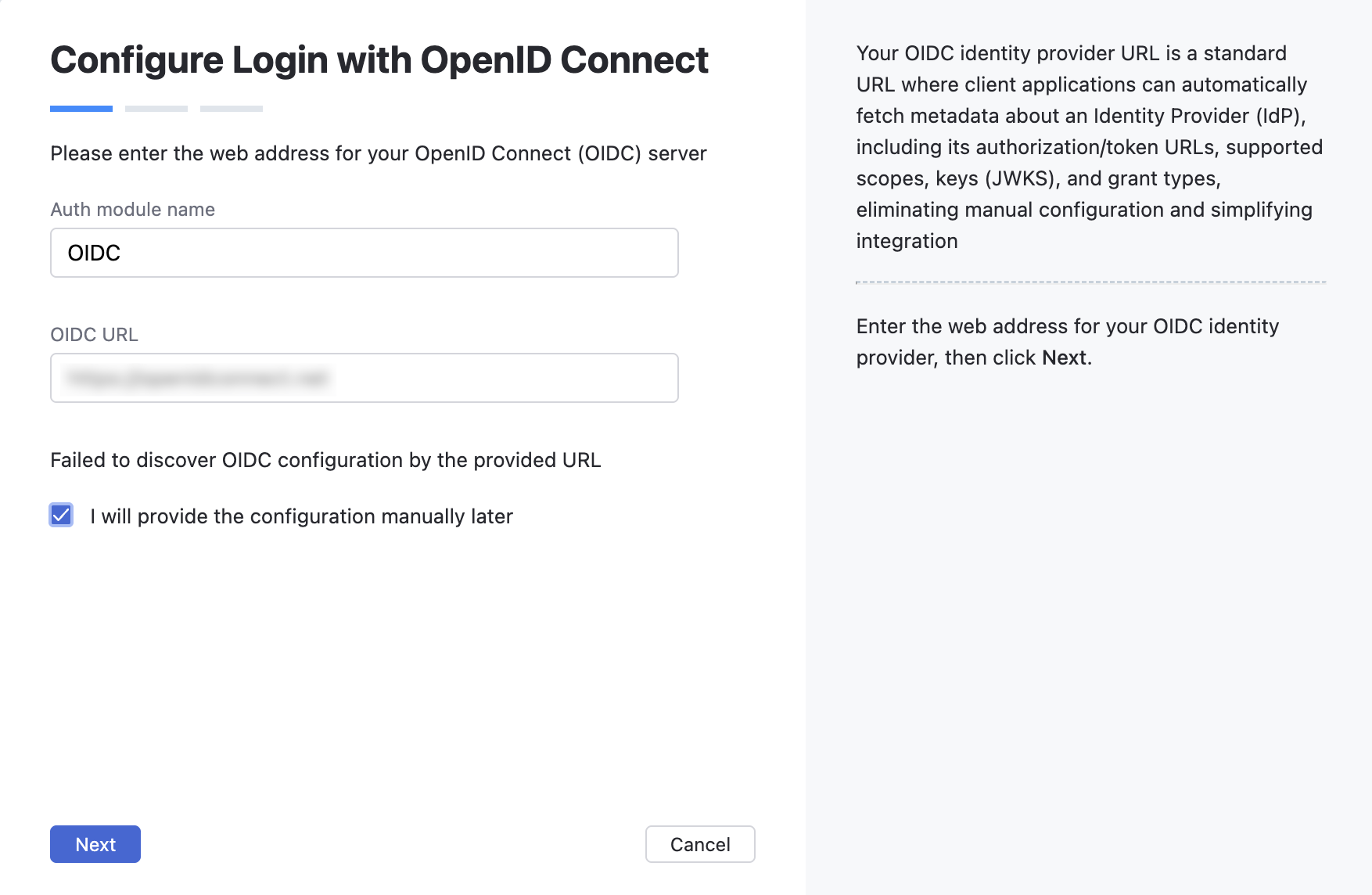 Wizard step when OIDC configuration discovery failed Wizard step when OIDC configuration discovery failed